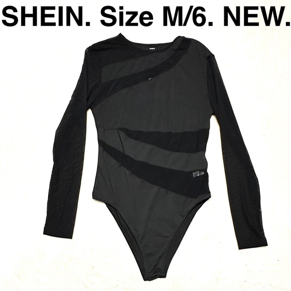 SHEIN Tops - 5/$15💥 SHEIN Black Long-Sleeve Mesh Sheer Paneled Bodysuit Stretchy Top
